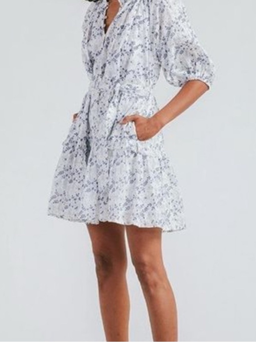 Cleobella Nevah Puff Sleeve Floral Mini Dress - Killarney Blue & White large